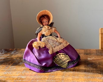 Beautiful, Vintage, D’Horphin, French, Souvenir, Doll, In, Purple and White Lace Dress and Straw Bonnet, Folk, European, Costume, France