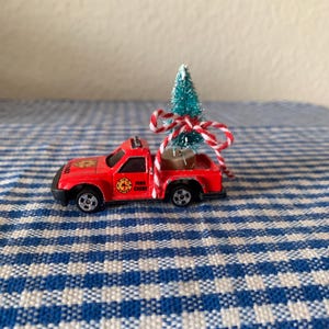 Altered, 1980s, Red, Fire Chief, Fire Truck, Car, Toy, Collectible, Vehicle, With, Christmas Tree, Christmas, Ornament, Decoration, Present