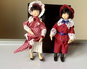 2 Dolls House Miniature Brother Sister Boy Girl Figure w/ Clothes Stand set 1/12 