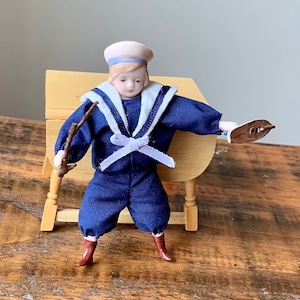 Vintage, 1:12th Scale, Dolls House, Porcelain, Bisque, Doll, Child, Boy, In Blue And White Sailor Suit, With Boat And Stick, Victorian, Gift