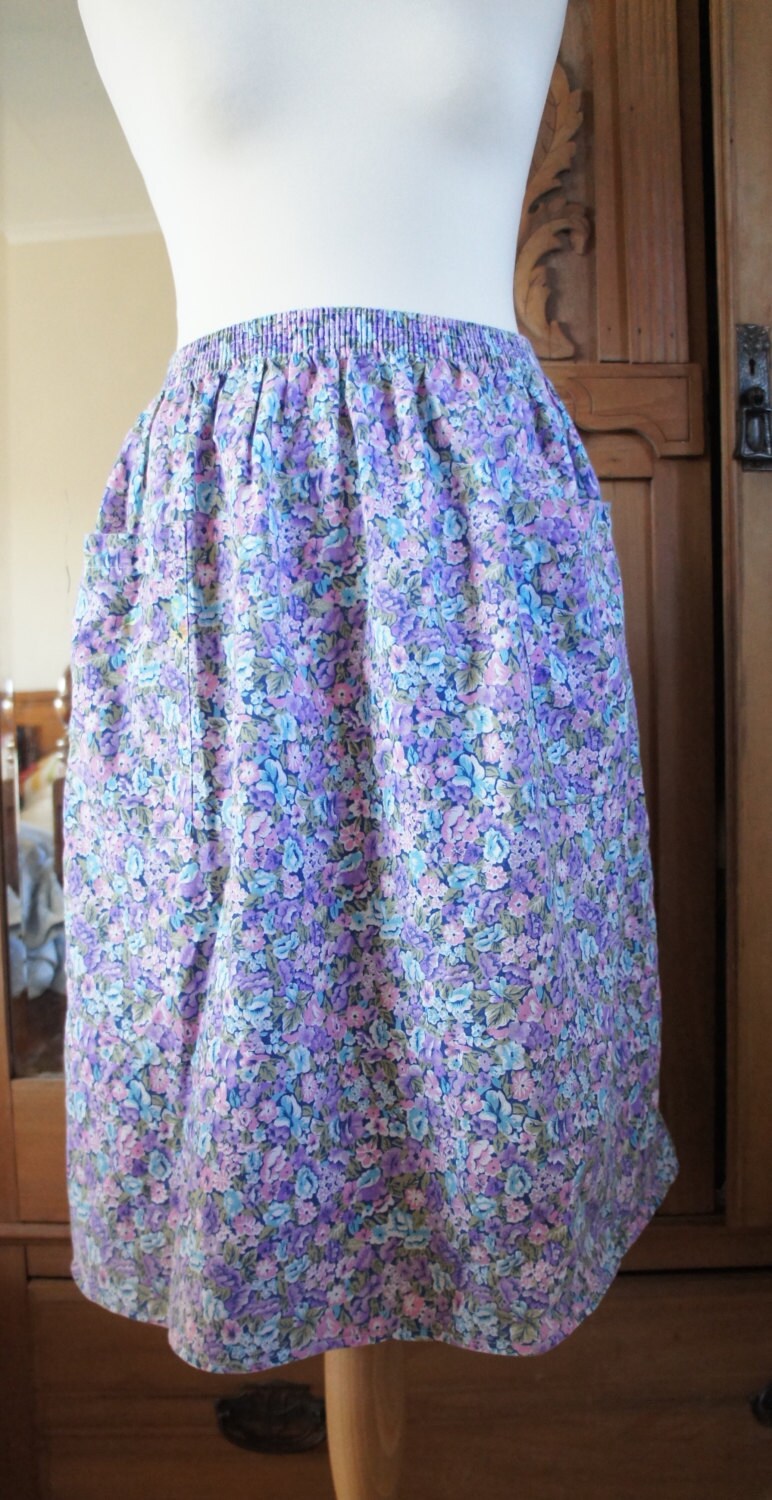 Image of True Vintage S Floral Knee Length Skirt With Large Pockets & Elastic Waist Uk Size - Us -