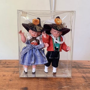 Vintage, Mid Century, Plastic, Swiss, Austrian, German, Couple, Boy, Girl, Figurines, Dolls, Lederhosen, Dirndl, Hat, Collectible, Souvenir