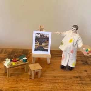 Vintage, Künstler, Handarbeit, Handarbeit, 1:12, Puppenhaus, Künstler, Figur, Mann, mit Staffelei, Leinwand, Tisch, Hocker, Kunstmaterialien