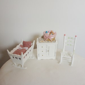 Vintage, 12th Scale, Dolls House, Baby, Girl, Bedroom, White, Furniture, Set, Handmade Pink Floral Pillow And Duvet, Crib, Changing Table