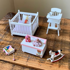 Vintage, 1:12th Scale, Dolls House, Nursery, Bedroom, Furniture, Set, Crib, Cot, High Chair, Toy Chest, Building Blocks, Rocking Horse, Toys