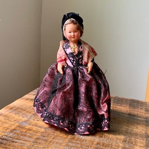 Beautiful, Vintage, French, Souvenir, Composition Doll, In, Pink and Black Lace, Folk, European, Costume, With Hat, France, Figure, Preeent