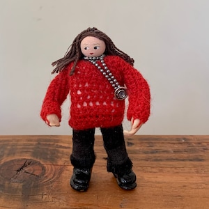 Vintage, Handmade, 1:12th Scale, Dolls House,   Posable, Modern, Girl, Teenager, Woman, Figure, Doll, Black Trousers, Red Knitted Cardigan