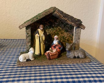 Vintage, 1:12th Scale, 16th Scale, Dolls House, Miniature, Nativity, Scene, Wood, Stable, Ceramic, Jesus, Mary, Joseph, Donkey, Lamb, Gift