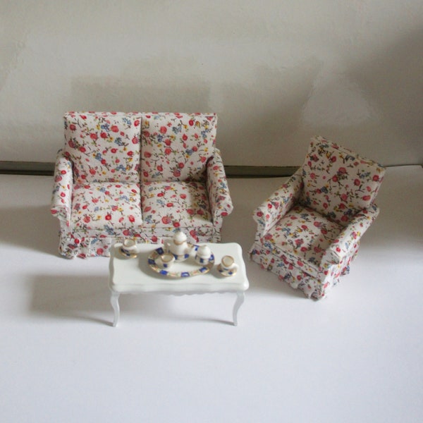 Vintage, l’échelle 1:12th, maison de poupées, Floral, tissu, canapé deux places, canapé, fauteuil, Table basse, en Chine, service à thé, Miniatures, maison de poupée