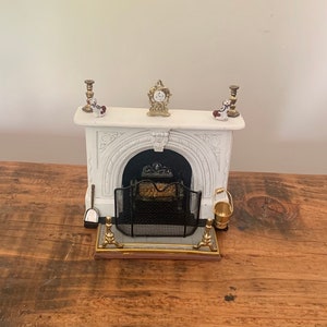 Vintage, 1:12th Scale, Dolls House, Miniature, Period, Fireplace, Fireside Accessories, Staffordshire Dog Figurines, Mantle Clock, Diorama