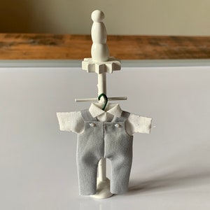 Vintage, Handmade, 1:12th Scale, Dolls House, Boy’s, White Shirt and Grey Dungaree Set, On Hanger, With Coat Stand, Clothing, Miniature, Son