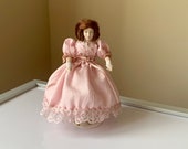 Vintage, Artisan, Handmade, 1 12th Scale, Dolls House, Victorian, Edwardian, Young Lady, Figure, Woman, In Pink Faux Silk And Lace Dress