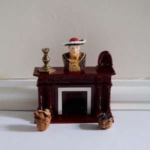 Vintage, 1:12th Scale, Dolls House, Ornate, Fireplace, With Metal Grate, Coal And Wood Baskets, Tudor, Henry VIII Figurine, Radio, Miniature