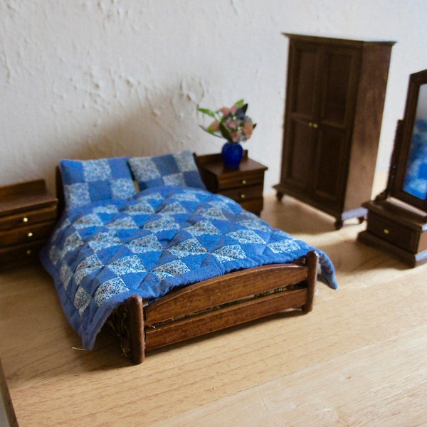 vintage, 1:12th Scale, Dolls House, Bedroom, Furniture Set, Handmade Blue, Patchwork Quilt, Pillows, Bed, Wardrobe, Bedside Tables, Mirror