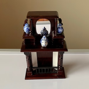 Vintage, 1:12th Scale, Dolls House, Ornate, Fireplace, With Mirror, Shelves, Blue And White, Vases, Elepant Tea Pot, Miniature, Collectible