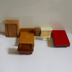 Vintage, Dolls House, Barton, Lundby, Bedroom, Furniture, Bed, Wardrobe, Chest Of Drawers, Ottoman, Chest, Stool, Bedside Table, Collectible