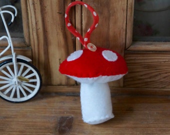 Handmade, Hand sewn, Felt, Fairy, Toadstool, Mushroom, Ornament, Decoration, With, Pretty Polka Dot Ribbon, and White Button Details, Gift