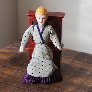 Vintage, 1:12th Scale, Dolls House, Porcelain, Bisque, Doll, Older Lady, Female, People, In Handmade, Light Green, Purple Dress, Victorian