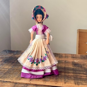 Vintage, Rexard, European, Souvenir, Plastic, Doll, With Tags, In, Purple and White Dress With Pinafore, Costume, With Straw Hat, Figure