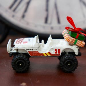 Altered, Corgi, White, Jeep, Toy, Collectible, Car, With Gifts, Christmas, Ornament, Decoration, Stocking Filler, Gift, Dad, Husband, Son