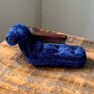 Vintage, 1:12th Scale, Dolls House, Artisan, Handmade, Blue Velvet and Wood, Chaise Lounge, Sofa, Chair, Living Room, Bedroom, Furniture