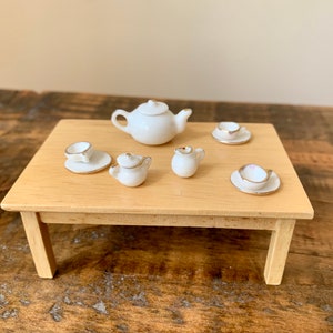 Set Of Vintage, 1:12th Scale, Dolls House, Ceramic, White, Gold, Serving, Tea, Set, On Coffee Table, Cups, Saucers, Teapot, Sugar Bowl, Jug