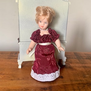 Vintage, Leonardo Collection, 1:12th Scale, Dolls House, Porcelain, Doll, Lady, In Burgundy Dress, Lace Trim, Pearls, Miniature, Victorian