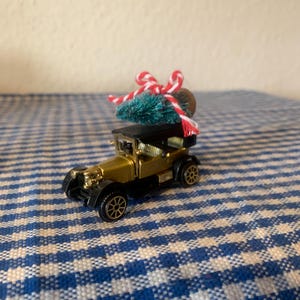 Altered, Vintage, Reader&#39;s Digest, 1910, Fiat Modello, Toy, Collectible, Car, With Christmas Tree, Ornament, Decoration, Stocking Filler