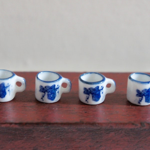 Four, Vintage, 1:12th Scale, Dolls House, Ceramic, Blue And White, Floral, Pattern, Mugs, Cups, Kitchen, Dining, Room, Living Room