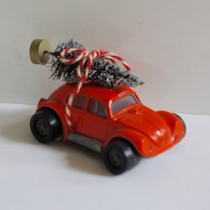 Altered, Vintage, Tonka, Red, VW, Volkswagen, Beetle, Toy, Collectible, Car, With, Christmas Tree, And Bow, Christmas, Christmas, Ornament