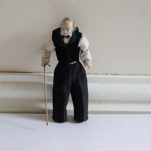 Vintage, Handwerker, Handgemacht, Hand Dressed, Maßstab 1:12, Puppenhaus, Ältere, Gentleman, Mit Gehstock, Großvater, Figur, Alt, Mann