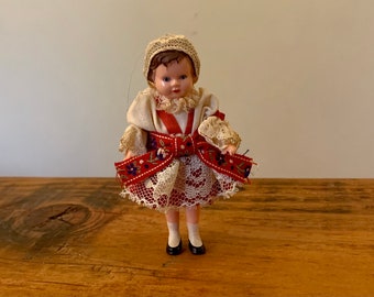 Vintage, 1:12th Scale, 16th Scale, Ari, Style, Rubber, Doll, In, Red and White, Folk, Costume, Miniature, Figure, Collectible, Dolls House