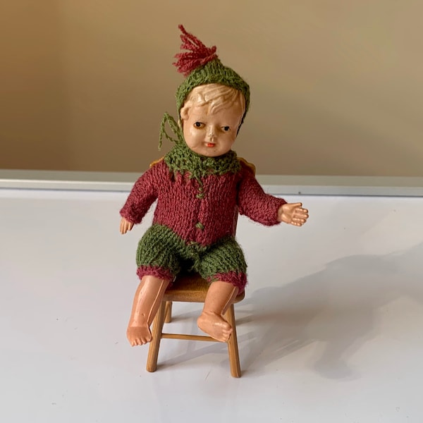 Sweet, Vintage, Mid Century, German, K, Doll, 1:6th Scale, Dolls House, Plastic, Doll, Baby, ChilD, Boy, In Handmade, Knitted Romper, Hat