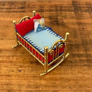 Sweet, Vintage, 1:12th Scale, Dolls House, Ornate, Gold Plastic, Crib, Cot, Red and Blue Bedding, Peter Rabbit Cushion, Nursery, Miniature