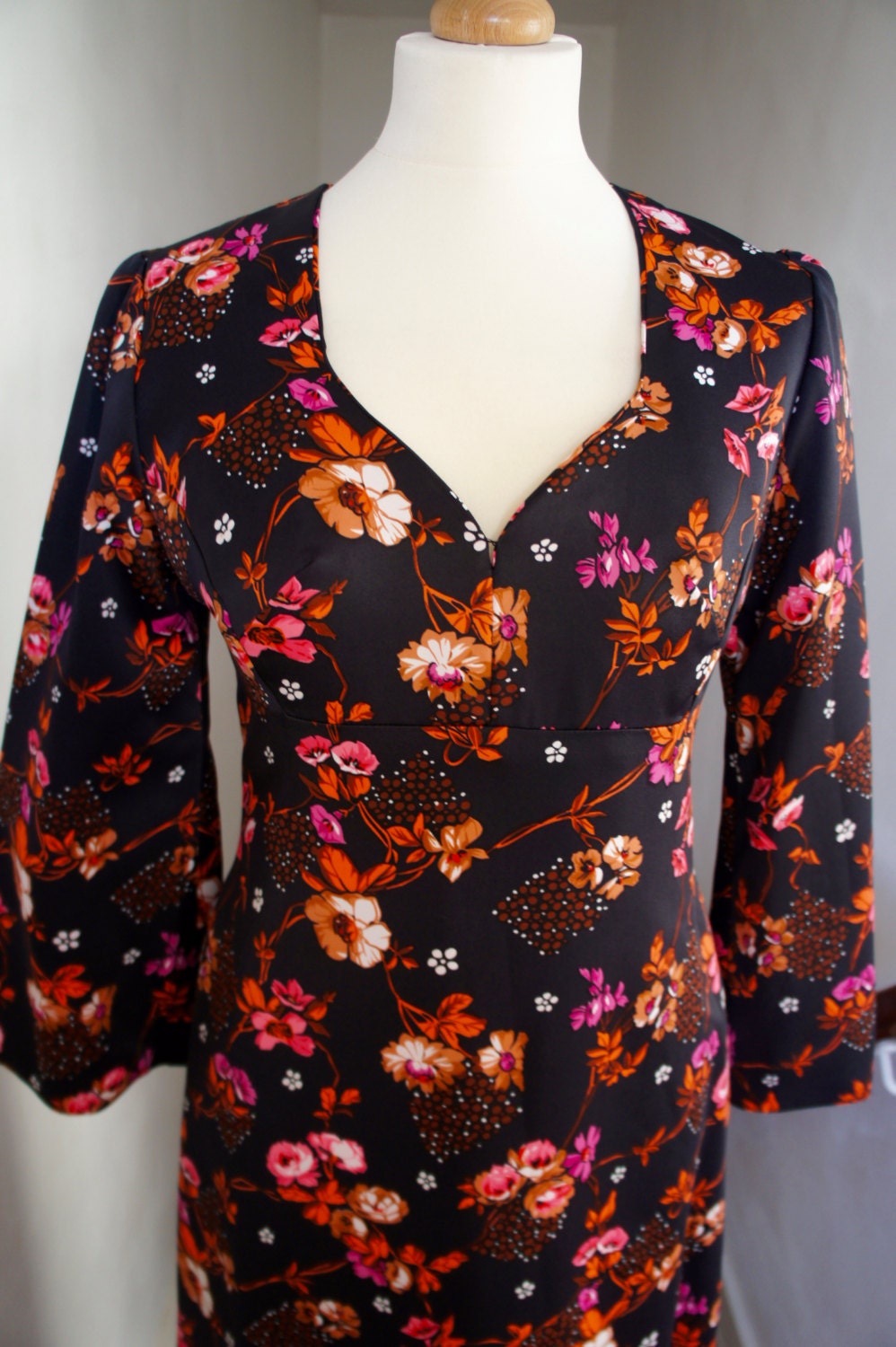 Image of Beautiful Floral Blossom Handmade Vintage S Flared Sleeve Maxi Dress Size Uk  Us