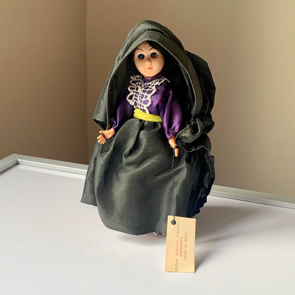 Vintage, Mid Century, Plastic, Souvenir, Malta, Folk, Doll In Purple Lace Trim, Blouse With Black Skirt, Cloak, Collectible, Display, Folk