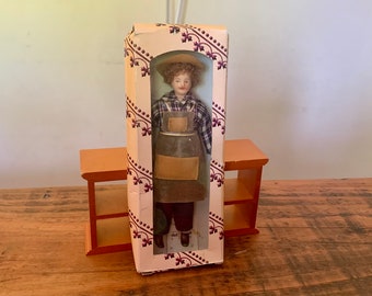 Vintage, 1:12th Scale, Dolls House, Boxed, Gardener, Farmer, Market Stall, Man, Figure, In Plaid Shirt, Trousers, Apron, Hat, Victorian, Dad