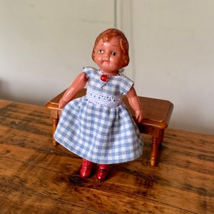 Vintage, 1:12th Scale, Dolls House, Plastic, Girl, Doll, Child, In Handmade, Blue and White Dress, Miniatures, Display, Diorama, Scale Model
