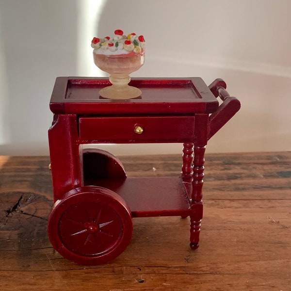 Vintage, 1:12th Scale, Dolls House, Wooden, Hostess, Trolley, With Trifle, Serving, Dining Room, Shop, Bakery, Cafe, Miniature, Collectible