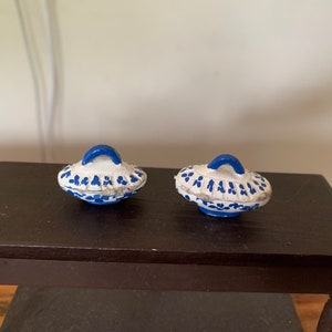 Pair Of Vintage, Handmade, 1:12th Scale, Dolls House, Ceramic, Blue, And, White, Floral, Pattern, Serving, Lidded Dishes, Kitchen, Dining