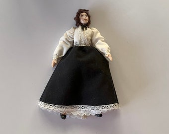 Vintage, Artisan, Handmade, 1:12th Scale, Dolls House, Victorian, Edwardian, Lady, Figure, Woman, In White Blouse and Black Skirt, Period