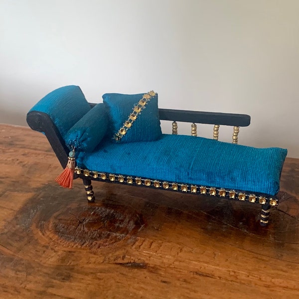 Vintage, 1:12th Scale, Dolls House, Artisan, Handmade, Turquoise, Black and Gold, Chaise Lounge, Sofa, Chair, Living Room, Bedroom, Display