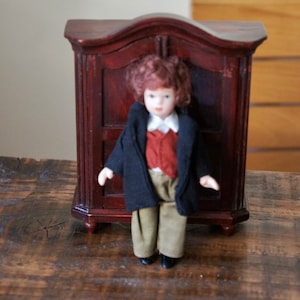 Vintage, Leonardo Collection, Dolls House, Porcelain, Doll, Boy, Brown Trousers, Navy Coat, Red Waistcoat, Miniature, Edwardian, Victorian