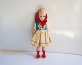 Vintage, 1950s, Plastic, Czech, Souvenir, Girl, Doll, Blonde With Red Head Scarf, Folk Dress, Display, Collectible, Diorama, Scale Model