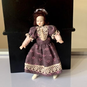 Vintage, 1:12th Scale, Dolls House, Caco, German, Rubber, Wire, Dollhouse, Figure, Girl, Child, In Original Clothing, Purple Dress, Shoes