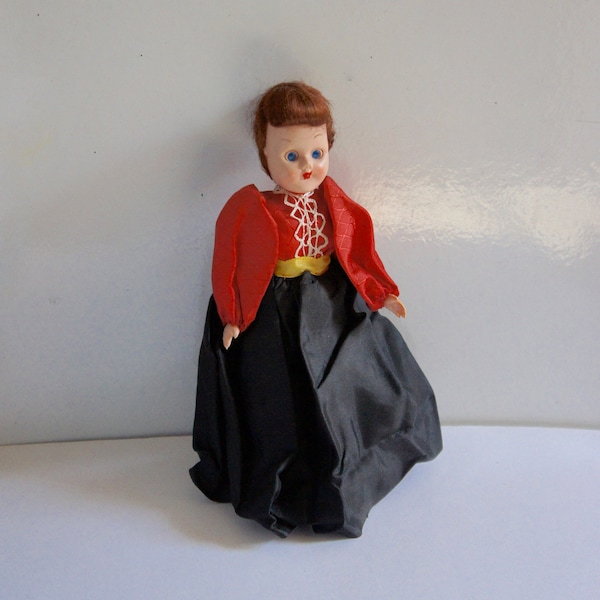 Vintage, 1950s, Plastic, Souvenir, Witch, Doll In Red Blouse With Lace Detail And Black Skirt, Cloak, Collectible, Display, Folk Costume