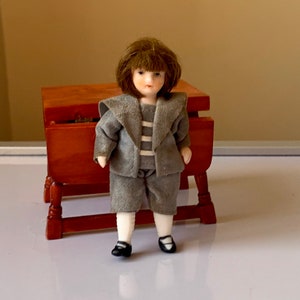 Vintage, 1:12th Scale, Dolls House, Porcelain, Bisque, Doll, Child, Boy, In Grey And White Sailor Suit, Victorian, Edwardian, Scale Model