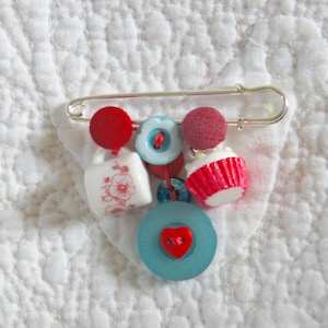 Tea, And, Cake, Hand Made, Brooch, Jewellery, Pin, With, Tea Cup, Cake, And, Button, Details, Gift, Present, Stocking Filler, Secret Santa