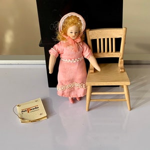 Vintage, 1:12th Scale, Dolls House, Figurine, Doll, Regency, Victorian, Edwardian, Girl, Child, In Pink Dress And Bonnet Scale Model, Gift