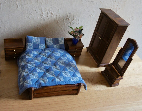 Handgefertigtes Doppelbett Schlafzimmer Zubehör Möbelset 1:12 Puppenhaus 